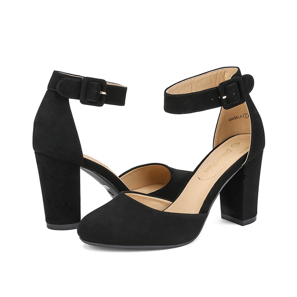 Round Toe Chunky Heel Pumps - BLACK NUBUCK - 3